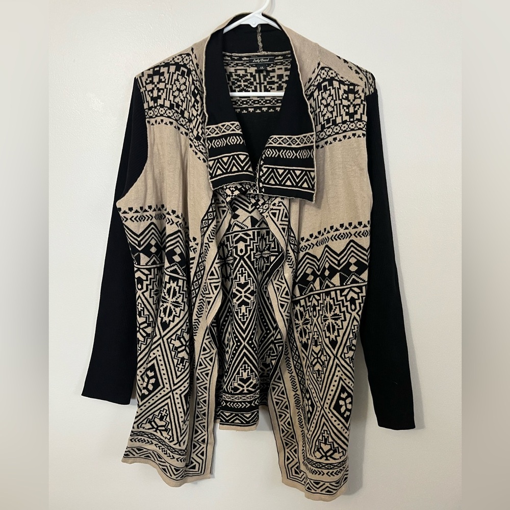 100% Cotton Lucky Brand Black and Tan Aztec Waterfall Open Front Cardigan